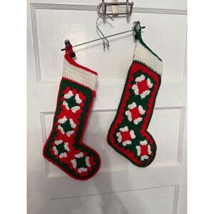 VTG Set of 2 Contrasting Colors Crocheted Small Holiday Christmas Stockings